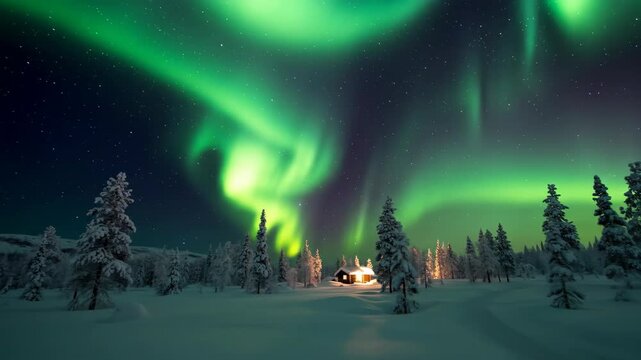 Spectacular aurora borealis over snowy forest and cabin at night. Magical winter.