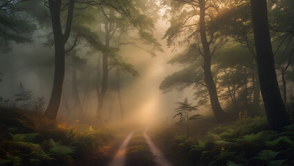 Obraz premium A misty forest path bathed in golden sunlight, leading into the distance between tall trees.