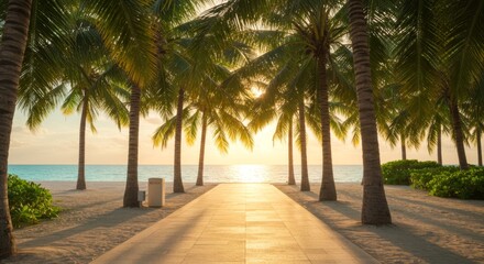 Obraz premium Tropical Beach Sunset Path: Golden Hour on a Sandy Coast