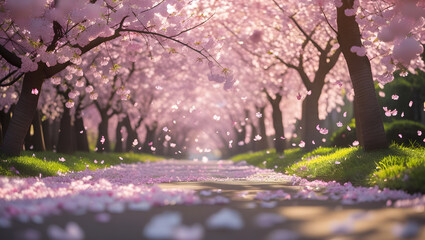 A path lined with blooming cherry blossom trees creating a tunnel of pink flowers, with petals scattered on the ground.