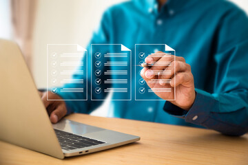 Document management system DMS. Assessment form, questionnaire, checklist and clipboard task...