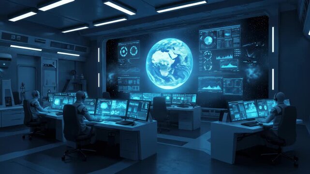 Futuristic control room with operators monitoring Earth on large screens.