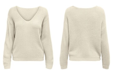Female beige knitted sweater on white background, top view, with flat lay. Fashion Lady Clothes...