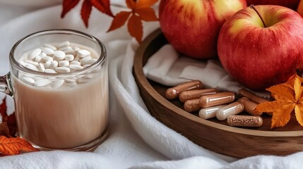 Flat lay with apples, capsules, pills and autumn drink on soft fabric with warm fall banner copy space