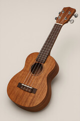 Fototapeta premium A wooden ukulele with a simple, clean design stands against a light, neutral background, highlighting its natural wood grain and musical craftsmanship.