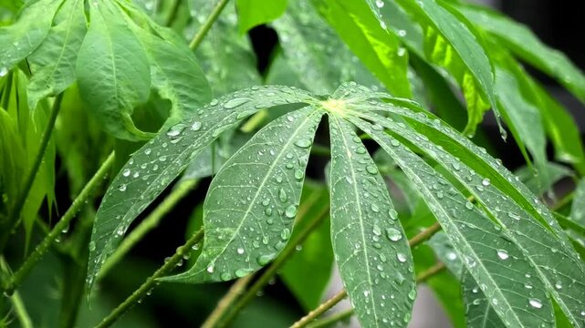Raindrops cling to the wet leaves of the cassava plant