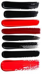 Seven horizontal paint strokes, alternating black and red, on white background, showing texture and color variations