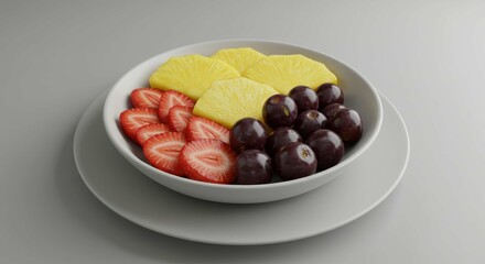Bowl of fruit including pineapple strawberries and dark cherries on a plate.