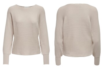 Female beige knitted sweater on white background, top view, with flat lay. Fashion Lady Clothes...
