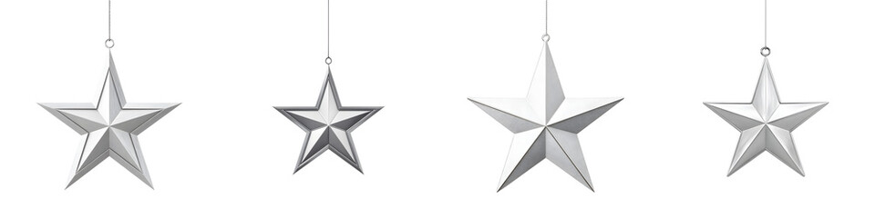 Obraz premium Silver Christmas Stars: Hanging Ornaments Isolated on White Background