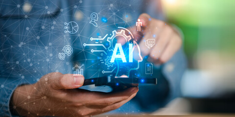 pointing glowing AI text and a digital network overlay, symbolizing artificial intelligence, machine learning, and advanced technology in global innovation and data analysis.