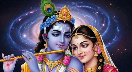 Radha Krishna Divine Love in a Cosmic Embrace, A Detailed Portrait of Hindu Deities Against a Celestial Backdrop