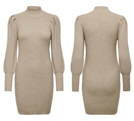 Female beige knitted sweater on white background, top view, with flat lay. Fashion Lady Clothes...