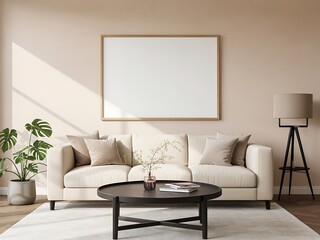 Beige living room mockup with blank framed art above a cream sofa and round black coffee table with decor
