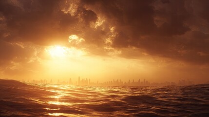 Golden sunset over a city shrouded in stormy clouds, reflecting on a rippling sea