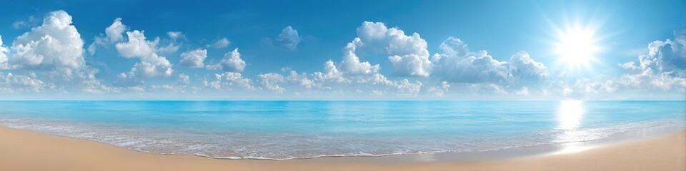 Sunny beach panorama with turquoise water and fluffy clouds
