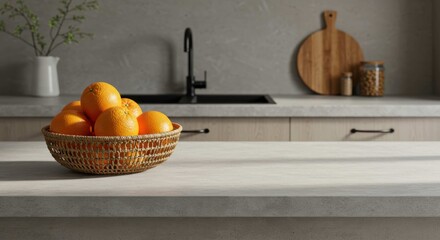 Oranges in a basket on a kitchen counter with a sink and faucet.