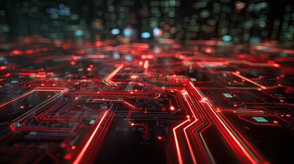 Dynamic futuristic circuit board with vibrant red glowing data streams, symbolizing innovation and digital connectivity in a modern tech landscape.