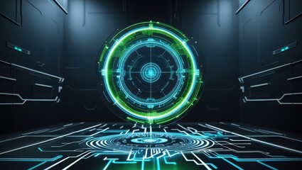 A futuristic digital shield hologram with glowing energy s and neon accents floats above a circuit board floor in a high tech advanced technological setting.