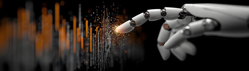 Close-up of AI robot hand touching virtual data charts, dark background with top right area clear for text,