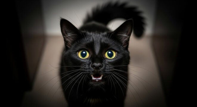 A scared black cat with huge, luminous yellow eyes peers out from the darkness in a dramatic, low-key setting.