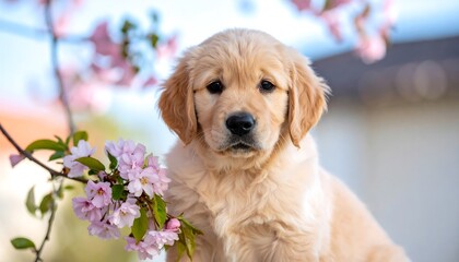 Golden Retriever Puppy Spring Blossoms.