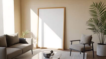 Contemporary living room interior with large blank framed art, sofa, armchair, plants, and coffee table