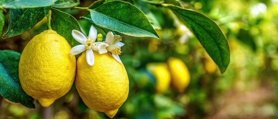Ripe lemons hang from branches, amongst vibrant green leaves and small white blossoms