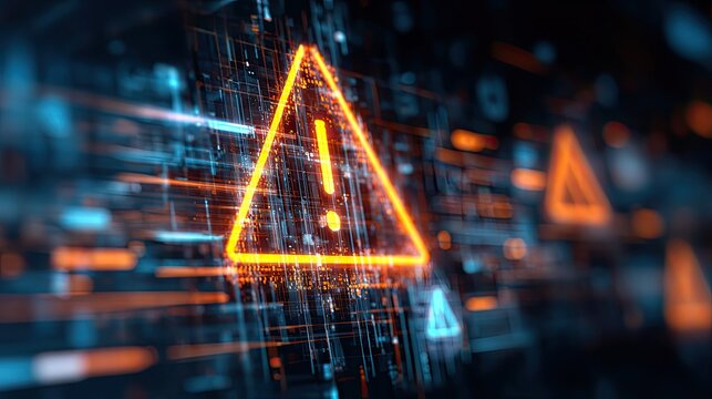 Urgent alert glowing neon warning triangle signifies digital danger or system failure in abstract futuristic data stream - Powered by Adobe