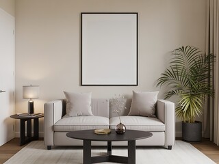 Living room interior with blank framed art above a beige sofa, plant, coffee table, and lamp