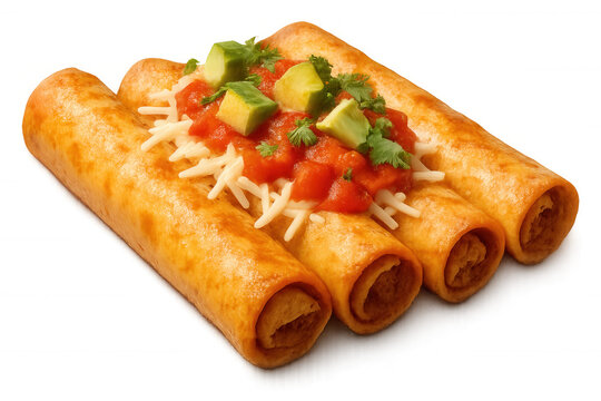 Crispy taquitos topped with salsa, shredded cheese, and diced avocado, positioned on clean white surface