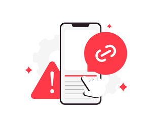 Spam link warning on smartphone with red alert icon and broken chain symbol, representing dangerous website. Phishing risk or unsafe URL detection for online security content, flat vector illustration