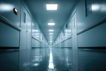 Empty hospital corridor, sterile and illuminated