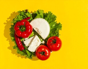 Overhead shot of feta cheese, red bell pepper, tomatoes, and lettuce on a yellow background