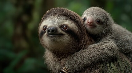 Fototapeta premium An adorable sloth with its baby resting on its back in a lush, green forest.