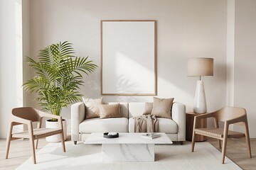 Neutral living room interior with sofa chairs coffee table framed blank art and potted plant