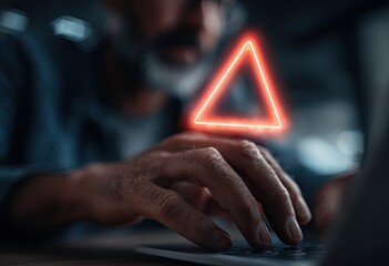 Closeup, man types on laptop; glowing triangle