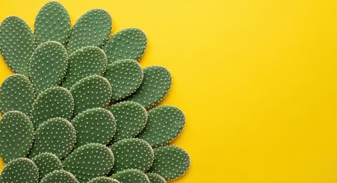 A pattern of green prickly pear cactus pads arranged on a bright yellow background, creating a natural graphic design