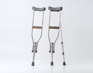 Orthopedic crutches made of lightweight aluminum, standing upright, and plain background