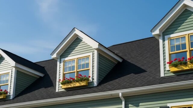 Dormer windows with flower boxes on the asphalt shingle roof of a green suburban house under a clear blue sky.