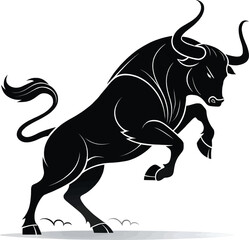 Obraz premium Aggressive Black Bull Rearing with Prominent Horns – Stylized Power Illustration for Strength, Determination, and Sports or Zodiac Branding Themes