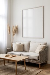 Neutral-toned living room interior with sofa pillows coffee table framed art and decorative plants