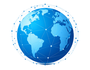 Flat Vector Style Blue Globe with Circular Network Nodes and Connecting Dots