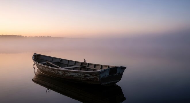Ethereal Morning Fog Enveloping a Lone Boat on a Still Lake
