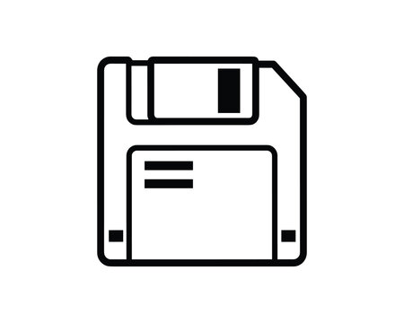 Classic floppy disk icon in a simple black and white outline style. Representing outdated data storage. Vector Illustration.