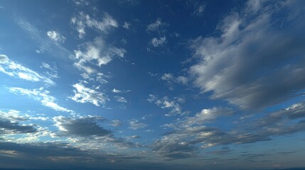 Obraz premium A wide-angle view of a partly cloudy sky. A mix of bright and darker clouds against a vibrant blue backdrop. 