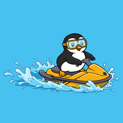 Cartoon penguin riding a yellow jet ski across blue water, wearing goggles and splashing joyfully.