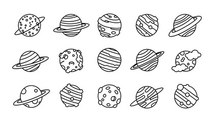 Fototapeta premium Collection of doodle space elements, cartoon planets with various shapes, isolated on white background. Vector Illustration.