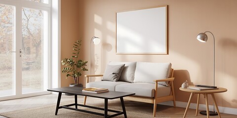 Scandinavian living room interior with sofa coffee table floor lamps and blank picture frame