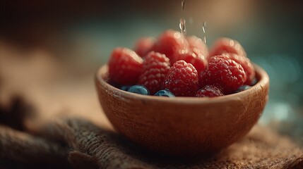 A wooden bowl filled with raspberries and blueberries.